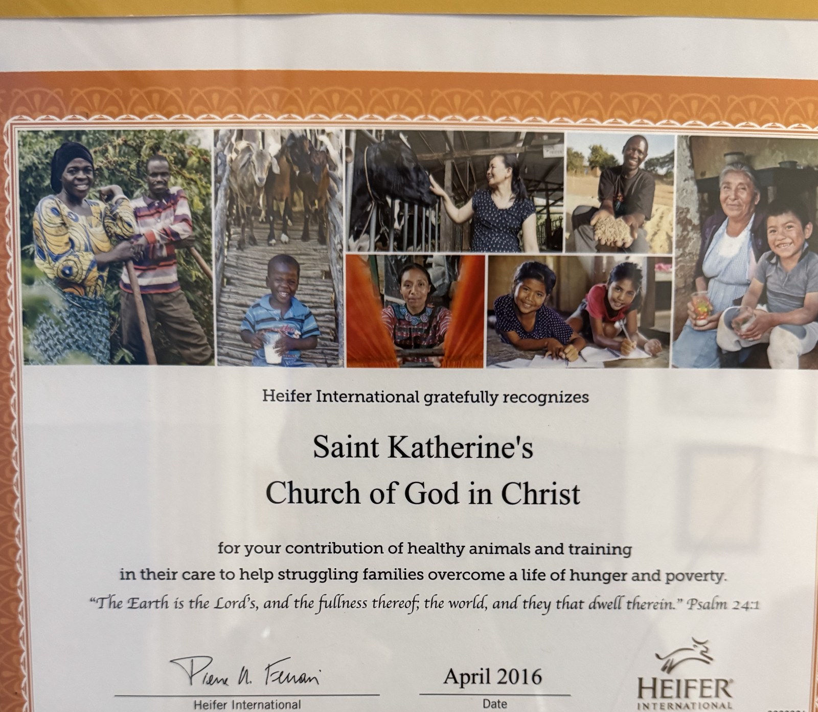 Certificate of recognition, April 2016