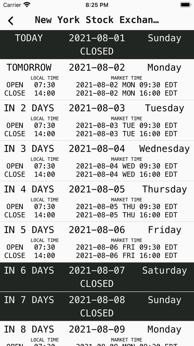 Market calendar that shows market open time or market close time including market holidays at your local time zone