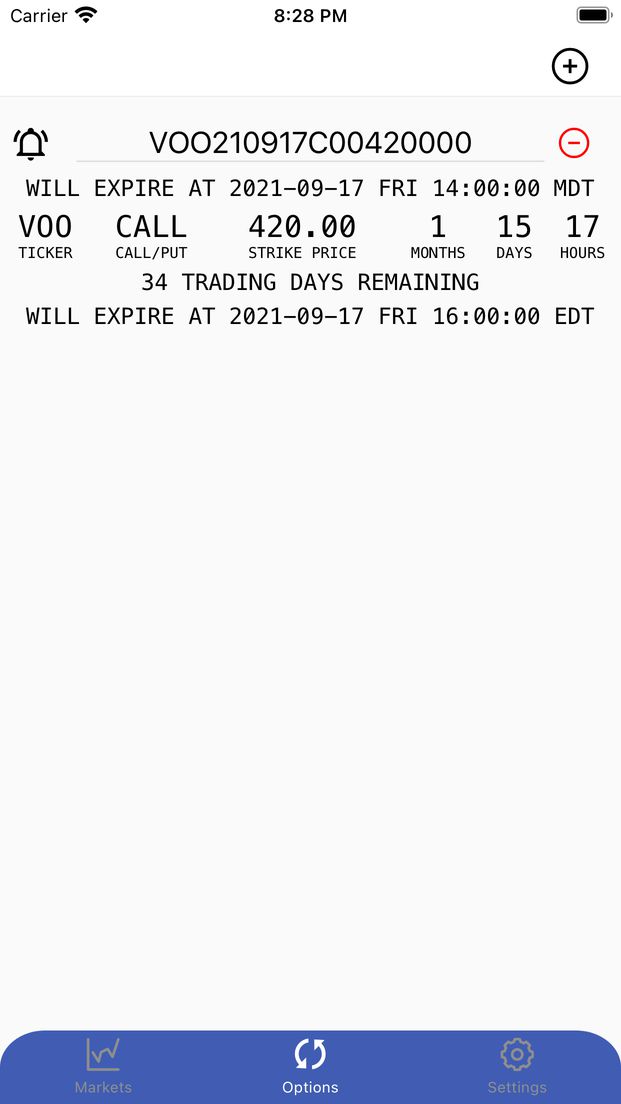 US equity option expiry tracker with remaining trading days, countdown timer and exact expiry time