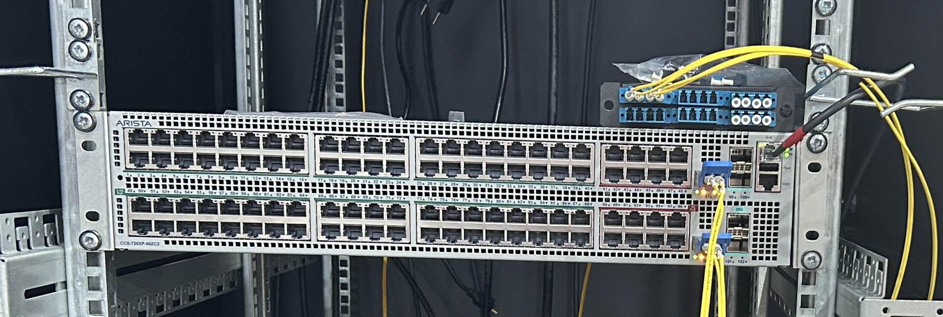 Rack-mounted Arista network switch with connected cables