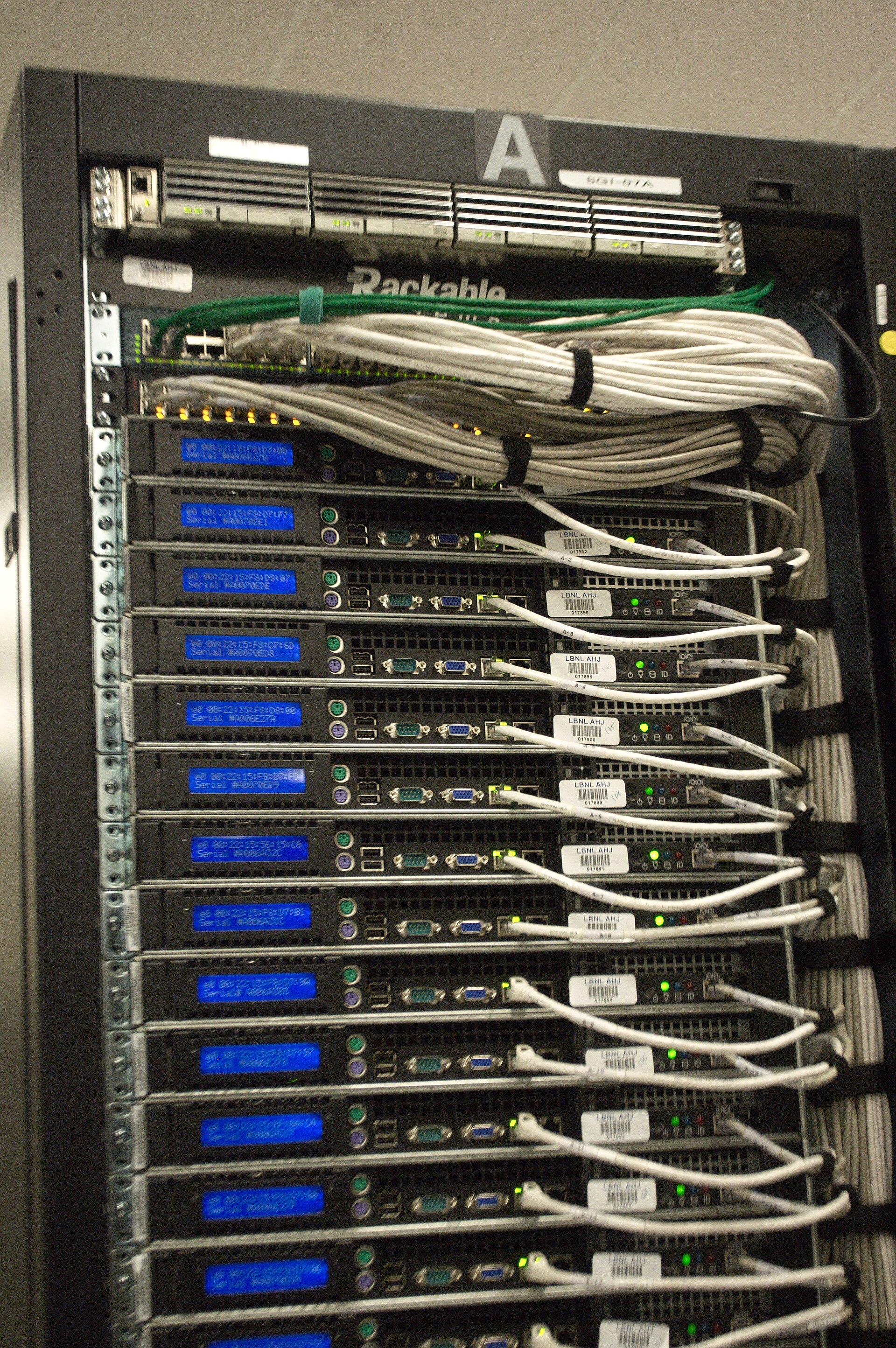 Rear of a server rack at NERSC