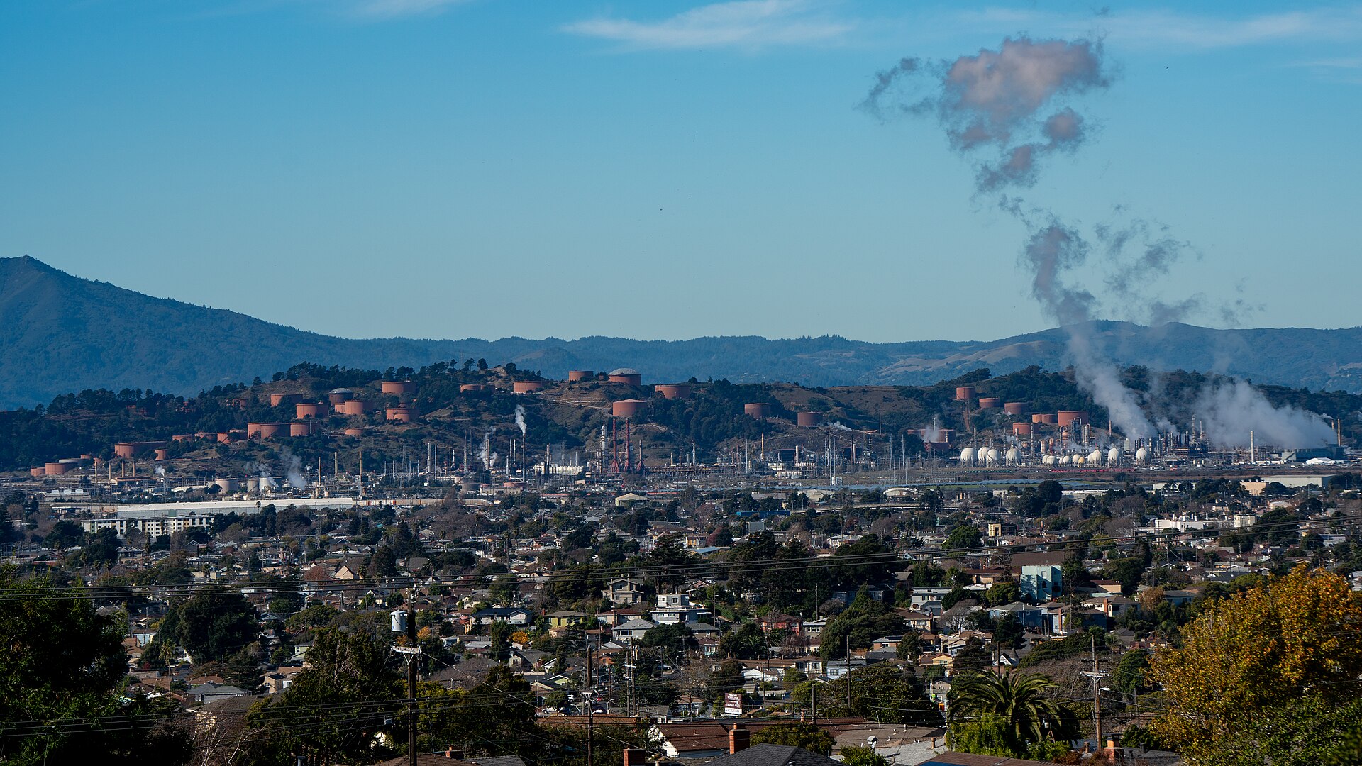 Chevron Richmond refinery and San Pablo Bay viewed from a hillside