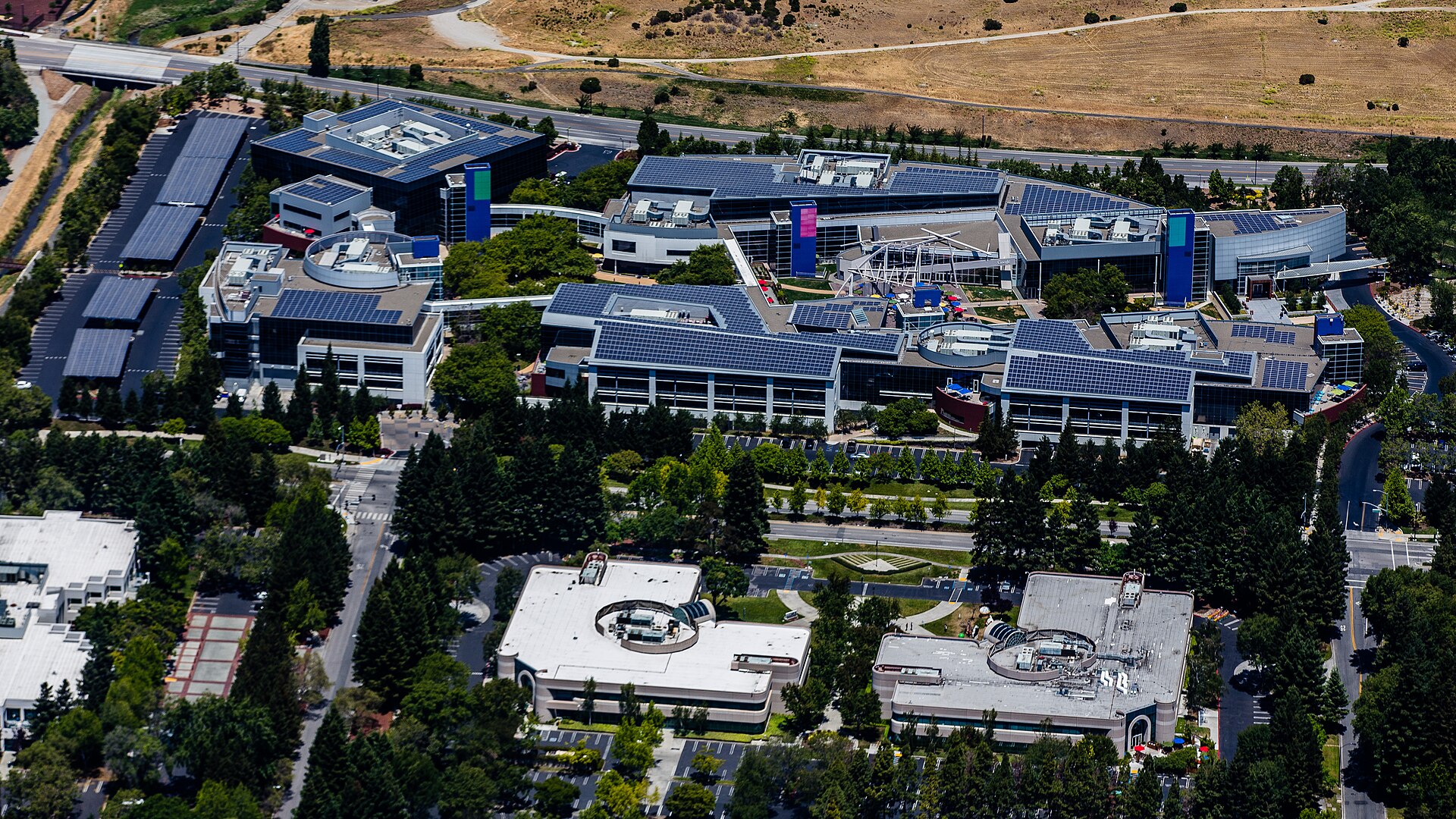 Aerial view of Google campus buildings in Mountain View, California