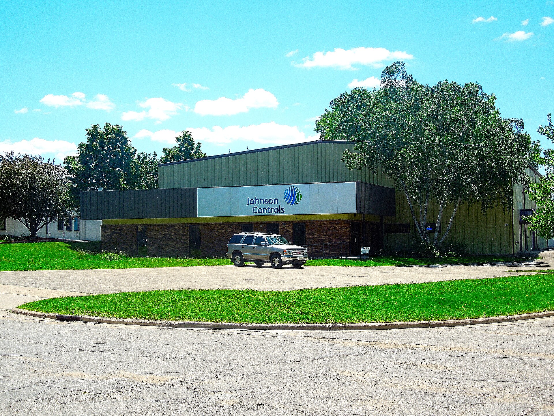 Exterior of a building marked Johnson Controls.
