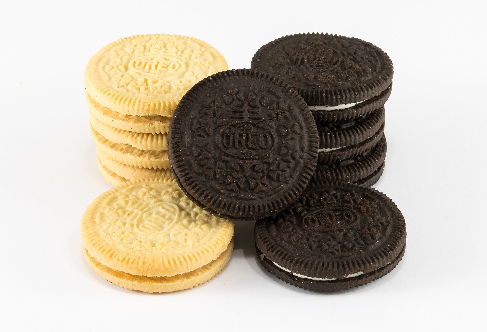 Oreo sandwich cookies on a light background