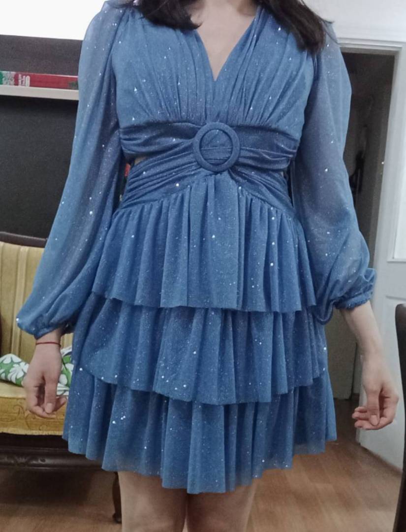Simli fırfırlı indigo abiye - fotoğraf 2