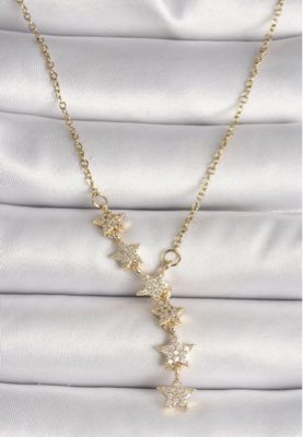 Yıldızlı Gümüş-Gold Rodyumlu Y kolye Çelik