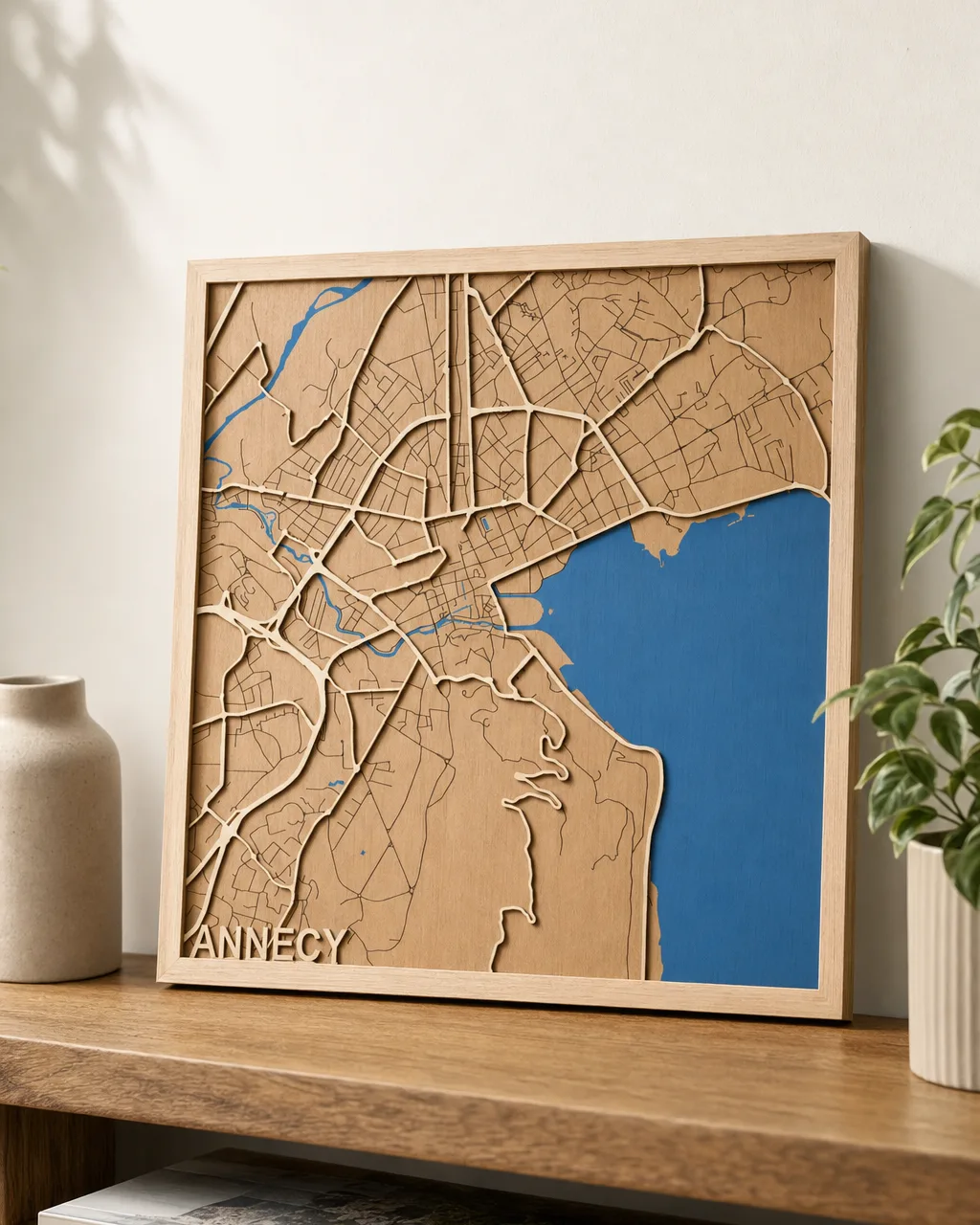 Carte d'Annecy en bois de bouleau découpée au laser, le Thiou et la vieille ville en relief