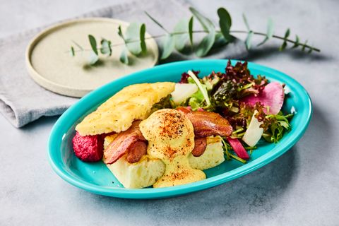 Eggs Benedict with Smoked Bacon & Sausage w/Vegetable Salad