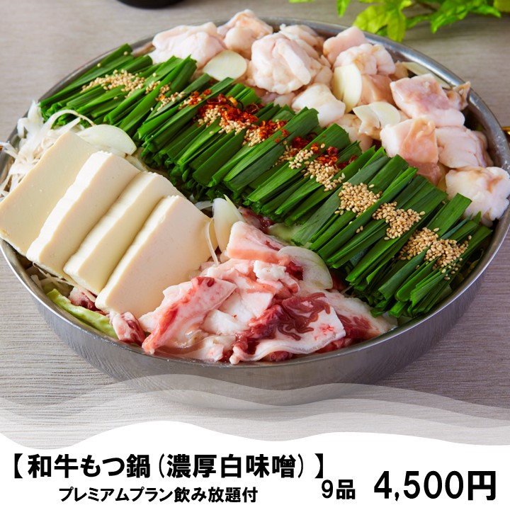 [濃厚白味噌　和牛もつ鍋]当店オススメが一度に楽しめる！9品【2H飲み放題付】4500円