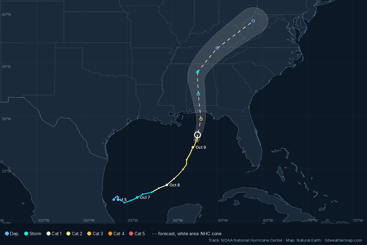 Map of Hurricane Isaias's track, NHC forecast and cone, coloured by intensity