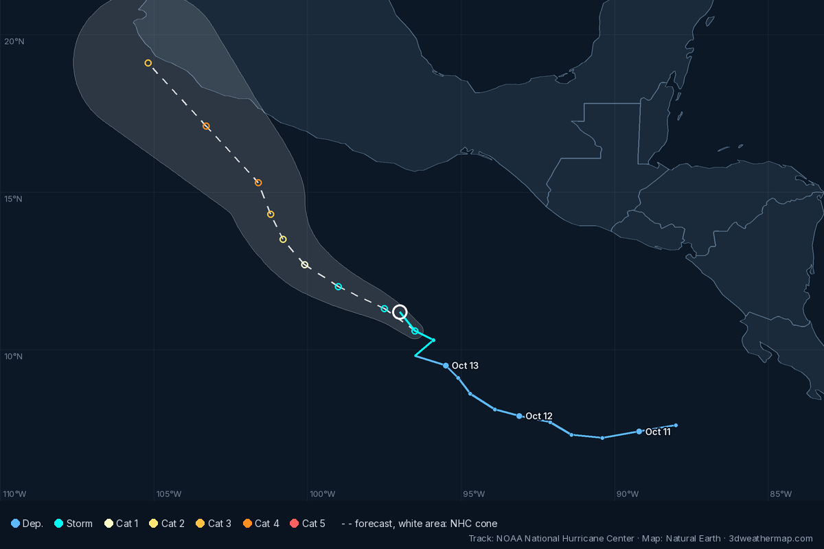 Map of Tropical Storm Trudy's track, NHC forecast and cone, coloured by intensity