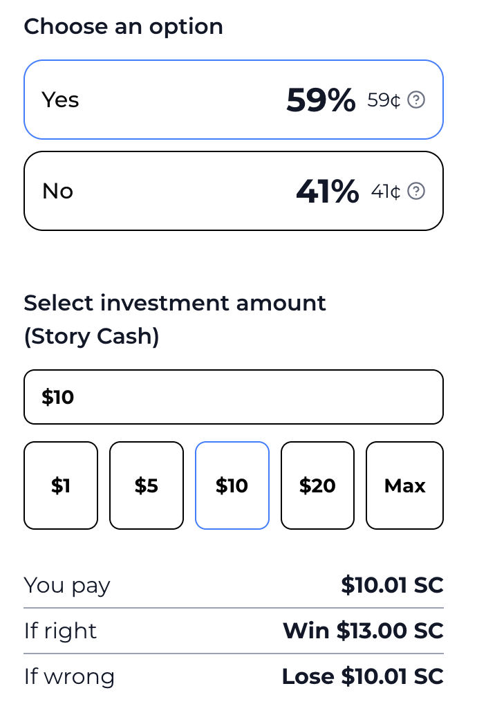 Story Inc prediction breakdown showing contract cost and potential payout