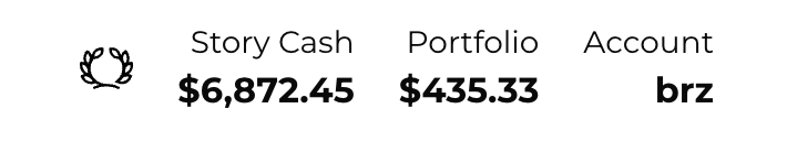 Story Inc top navigation showing Story Cash balance and Portfolio value