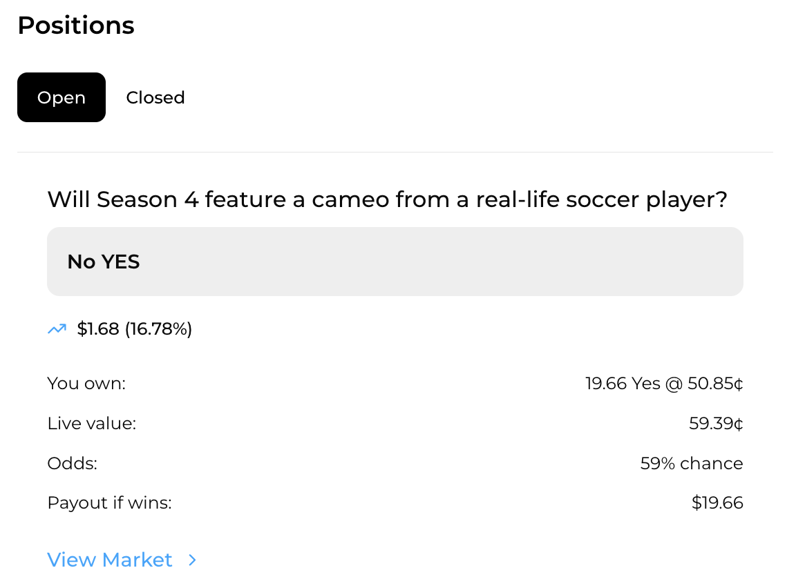 Story Inc Portfolio positions showing open and closed predictions with live values