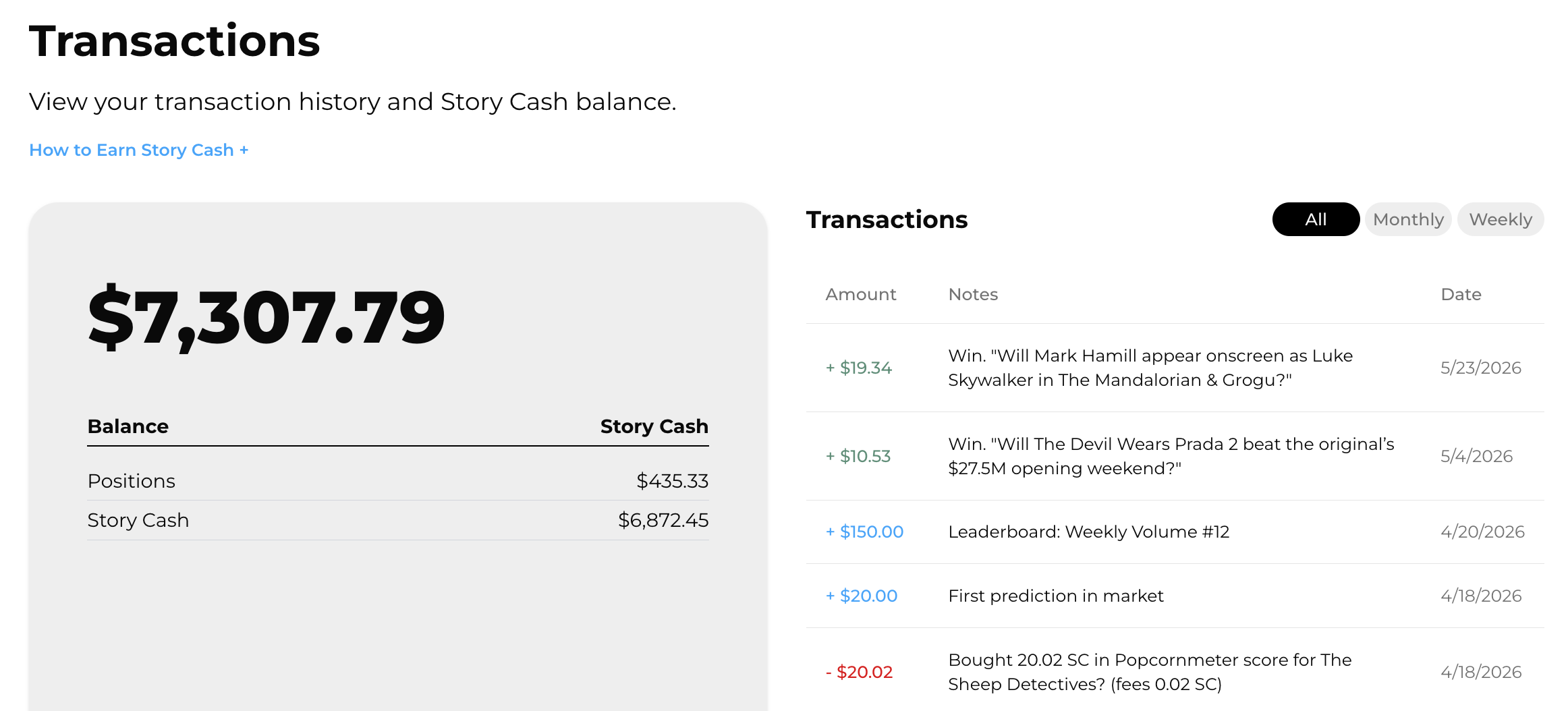 Story Inc Transactions ledger with color-coded credits and debits