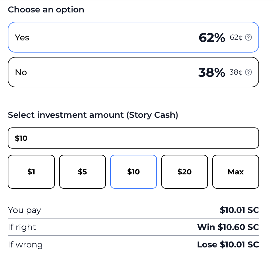 Story Inc contract purchase screen showing outcome selection and staking