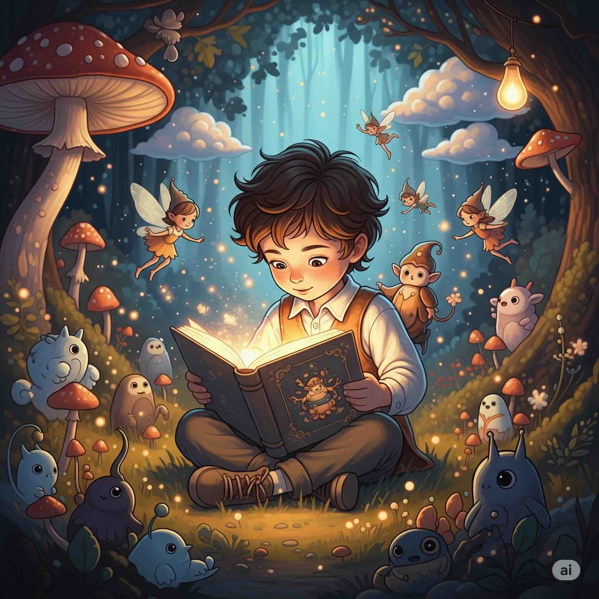 A child reading a glowing storybook in a whimsical setting with fairies and forest creatures