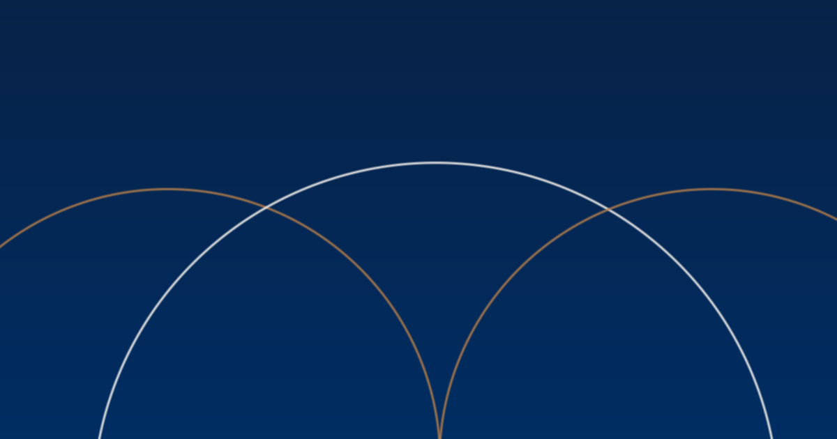 Three overlapping arcs in bronze, cream, and white over navy, evoking three languages meeting