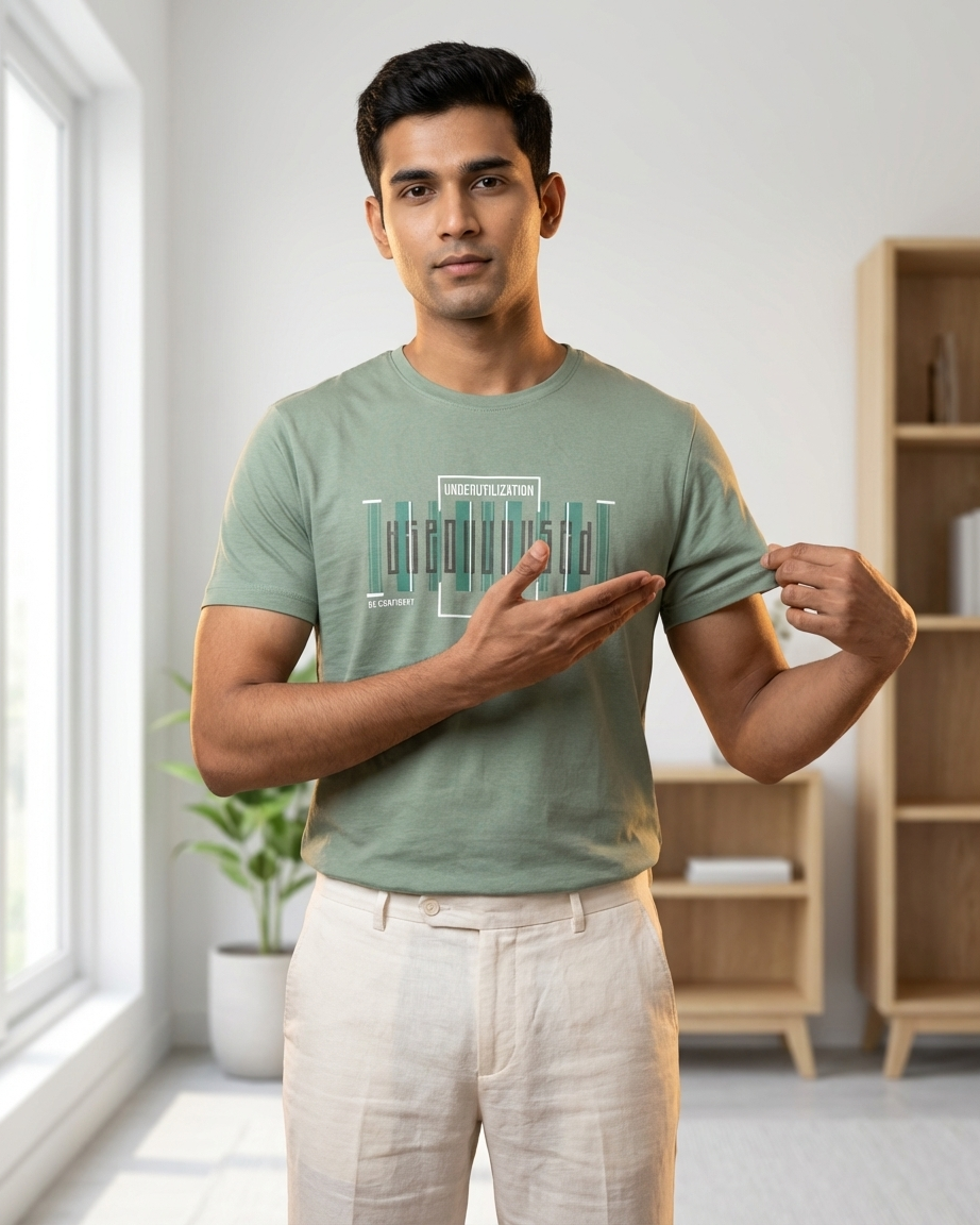Men’s Light Green Graphic Print T-Shirt – “Underutilization” Design 2