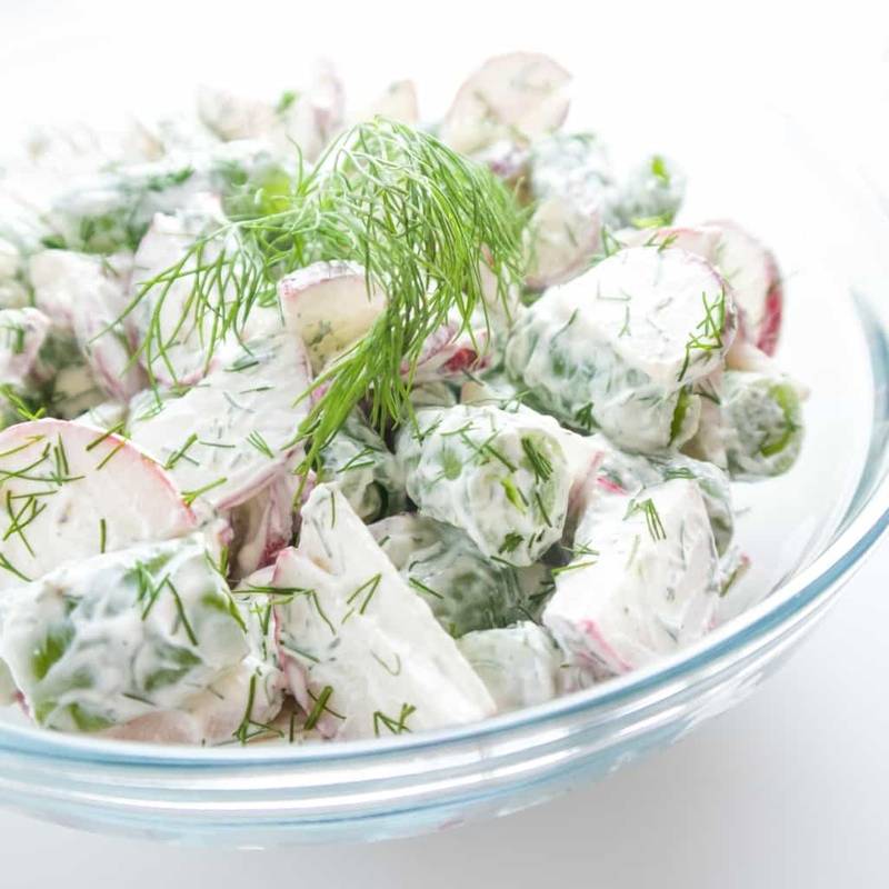 Sugar Snap Pea Radish Salad with Sour Cream Dill Dressing