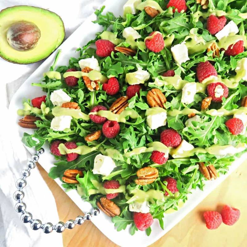 Raspberry Salad with Brie & Creamy Avocado Dressing (Low Carb, Gluten-free)