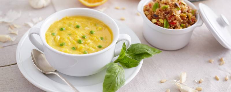 Butternut Squash Soup with Sautéed Green Peas and Pesto Sauce