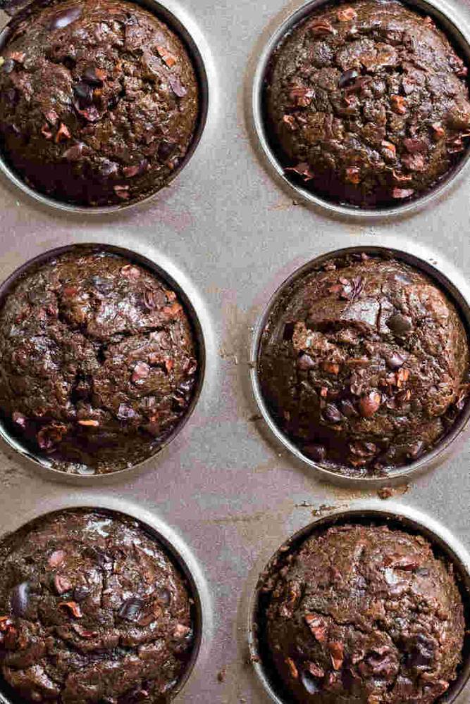 Keto Chocolate Zucchini Muffins Recipe Topped With Cacao Nibs