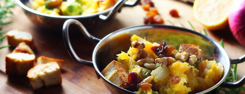 One-Pot Squash and Brussels Sprouts Panzanella with Dried Cherries