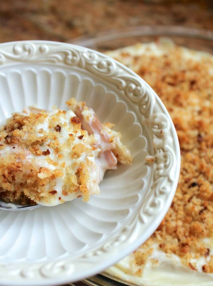 Swiss Chard Stems with Provolone White Sauce and a Crunchy Breadcrumb Topping