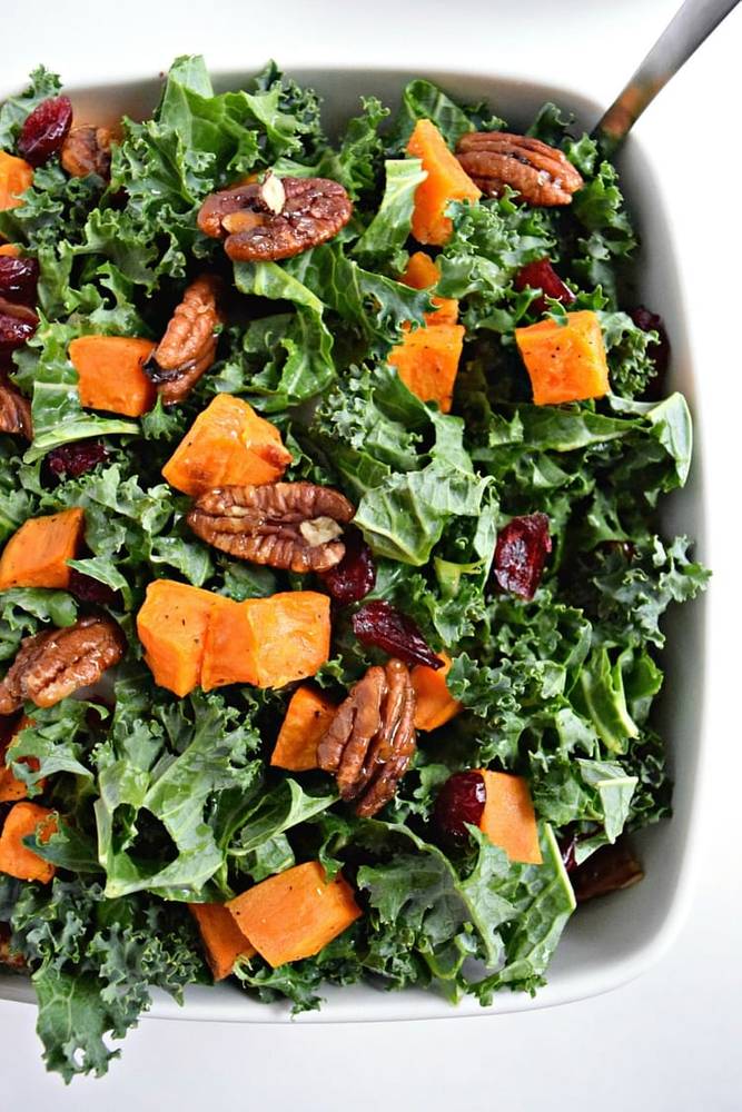 Roasted Sweet Potato & Kale Salad with Candied Pecans & Cranberries