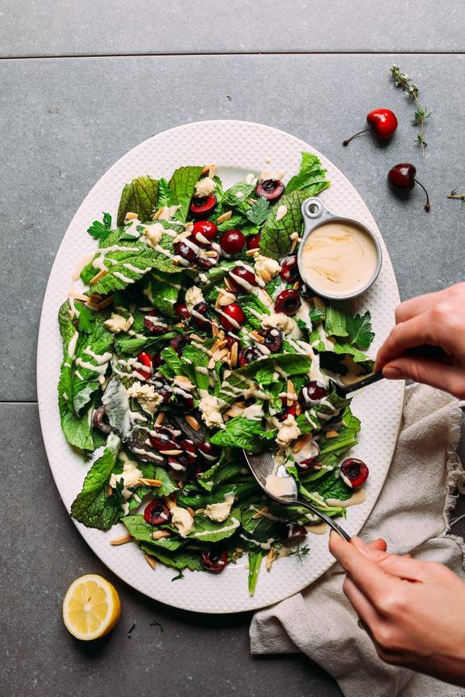 Mustard Green Cherry Salad with Nut Cheese & Tahini Dressing