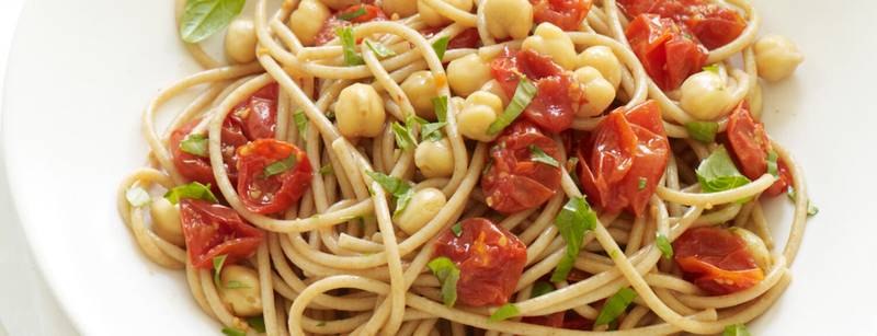 Spaghetti with Roasted Tomatoes, Chickpeas, and Basil