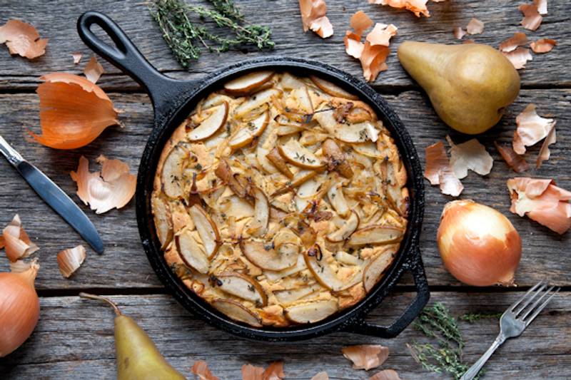 Skillet Cornbread with Caramelized Onions, Pears & Thyme (Vegan & Gluten-Free)