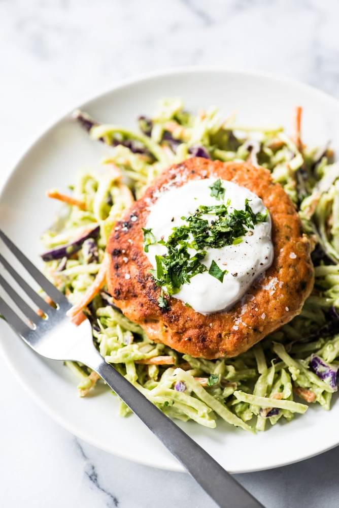 Jalapeño Salmon Patties with Avocado Broccoli Slaw