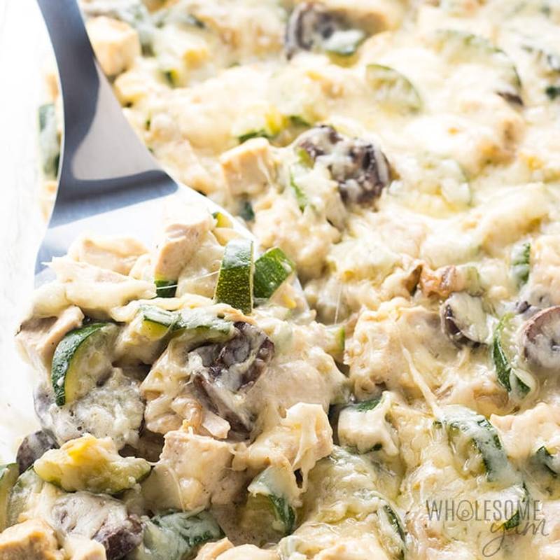 Low Carb Chicken Zucchini Casserole Recipe with Gruyere Cheese Sauce