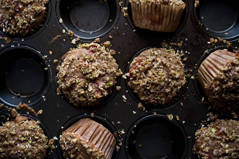 Roasted Strawberry Rhubarb Breakfast Muffins With Pistachio Crumb Topping