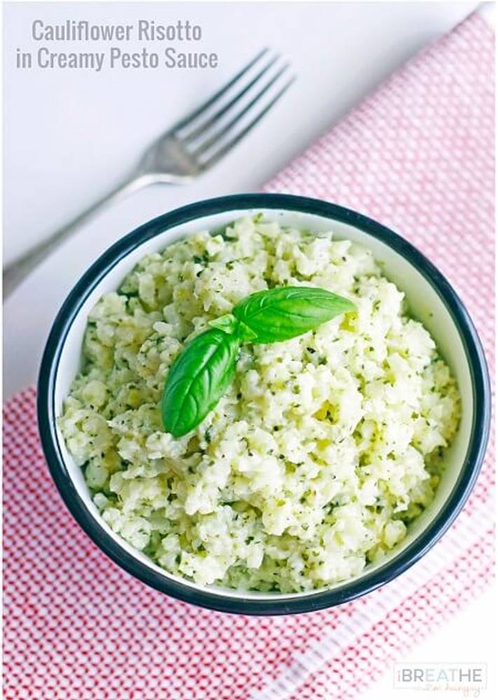 Cheesy Low Carb Cauliflower Risotto in Creamy Pesto Sauce