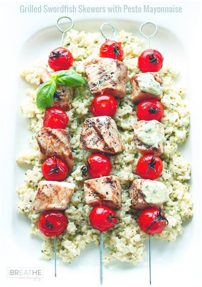 Low Carb Grilled Swordfish Skewers with Pesto Mayo