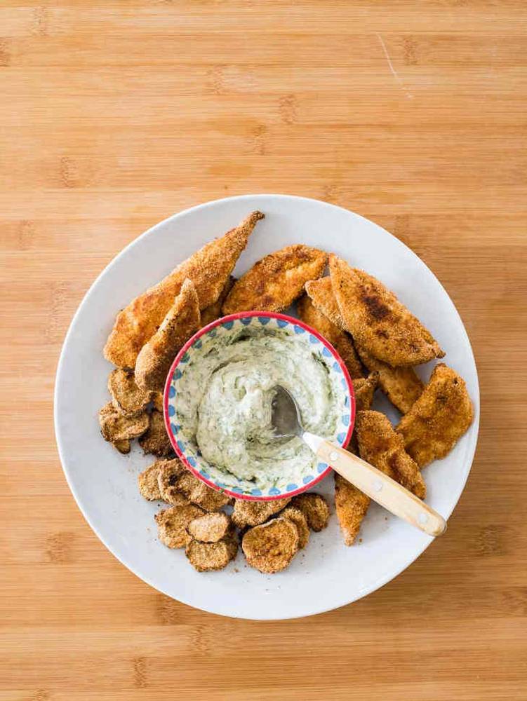 Keto Chicken Tenders Recipe with Breaded Pickles and Ranch Dipping Sauce