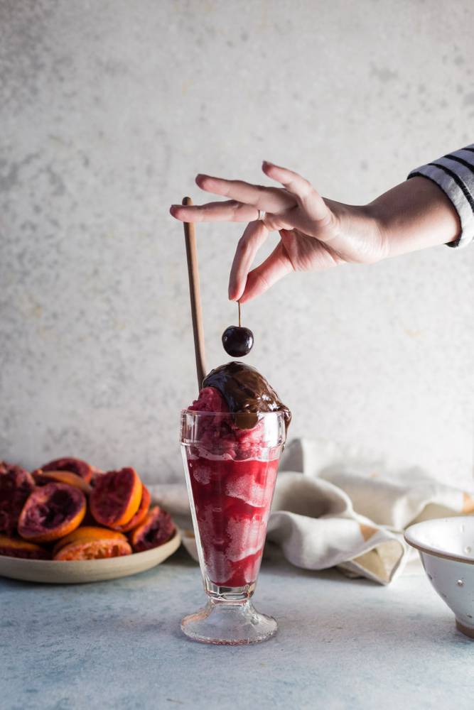 Blood Orange Sorbet with Red Wine Hot Fudge