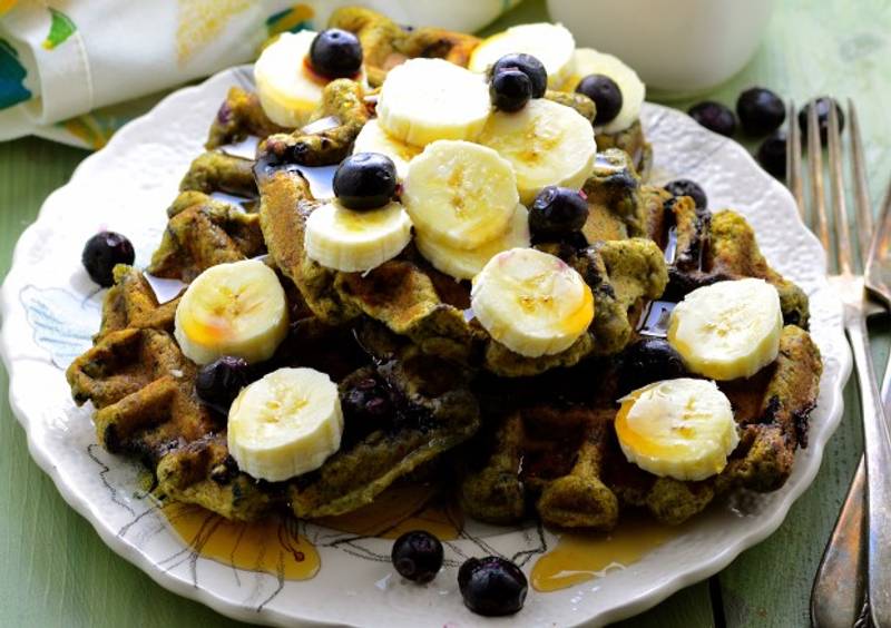 Blueberry Banana Matcha Waffles