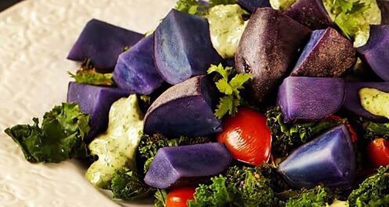 Purple Potato and Kale Salad with Cilantro-Tahini Dressing