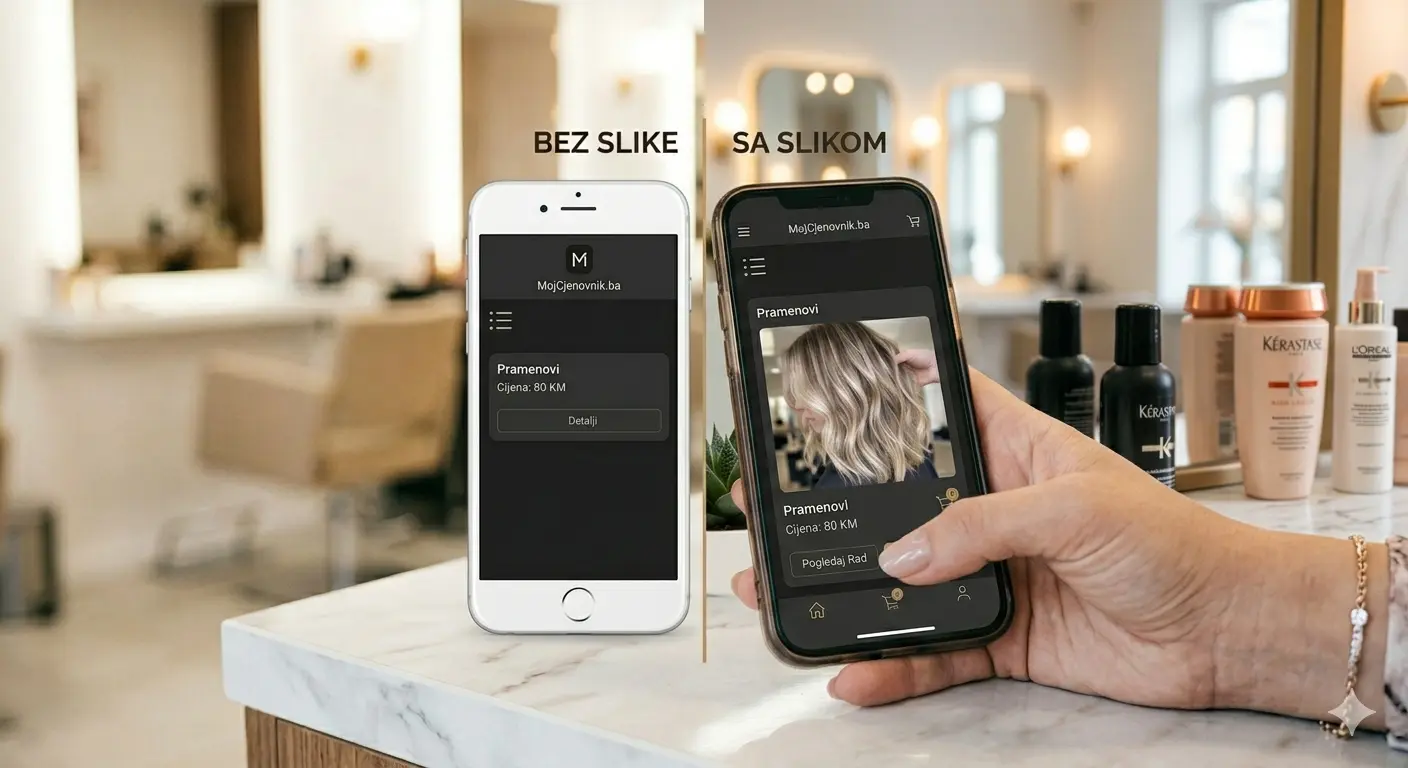 Prikaz usluge bez slike u odnosu na prikaz usluge sa slikom u digitalnom cjenovniku