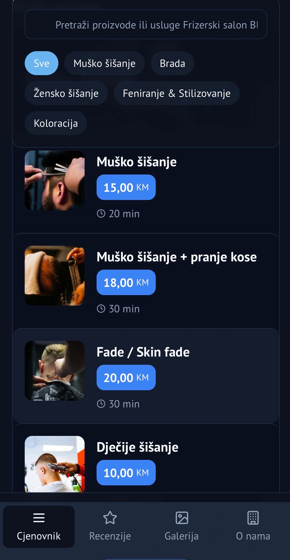 Jasan prikaz cijena na digitalnom cjenovniku za frizere