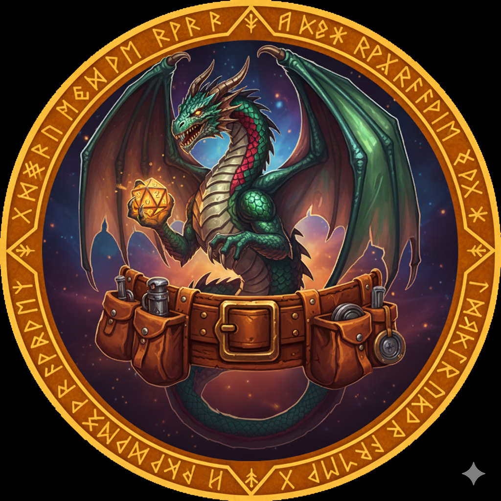 The official logo for Scaper's Toolkit, featuring a green dragon holding a D20 die, emerging from a utility belt against a cosmic background, enclosed in a runic circle.