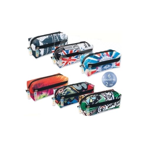 Astuccio quadrotto 3 zip I saccuccioli Graffiti 20x9x9 cm colori assortiti