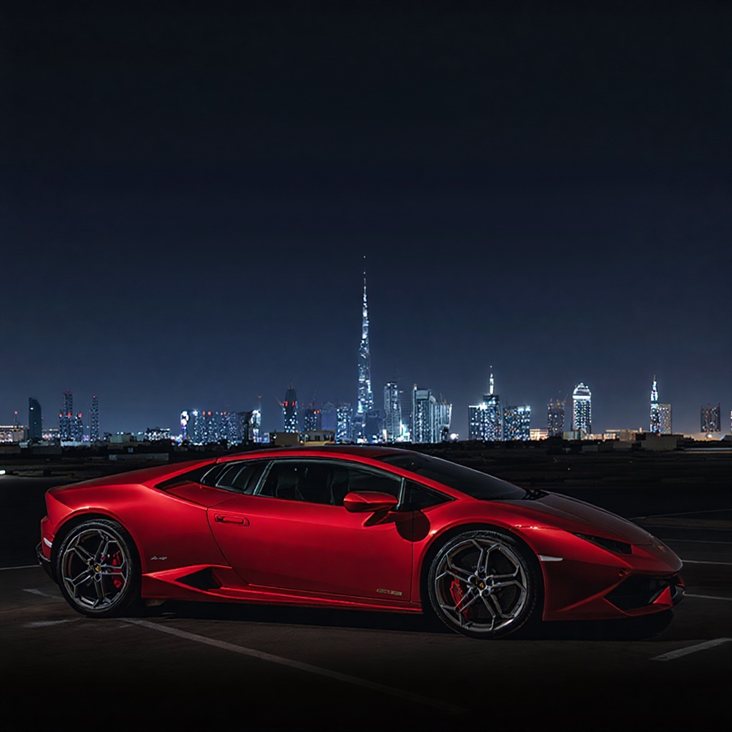 A red Lamborghini parked at night.