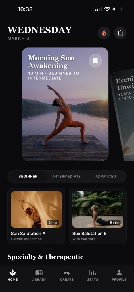 A smartphone showcasing the Beyond Yoga app interface, displaying a personalized daily yoga flow.