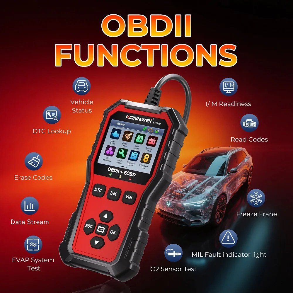 Scanner Diagnostic Automobile KONNWEI KW340 OBD2/EOBD avec Test de Batterie & Écran Couleur